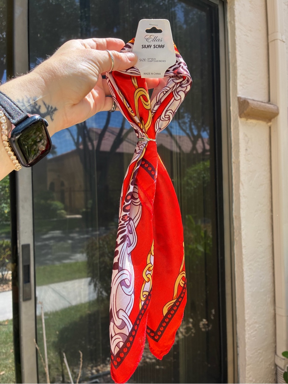 Ella’s Silky Scarf Red Chain & Animal Print Square Neck Scarf NWT - Picture 4 of 4